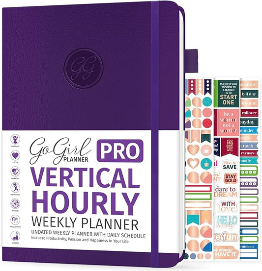 GoGirl Planner PRO Schedule - Undated Planner with Hourly Time Slots, Monthly, Weekly & Daily Organizer, Appointment Book for time Management, 7"x10" Hardcover, Lasts 1 Year - Purple