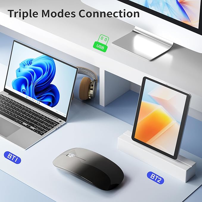 TENMOS M18 Bluetooth Mouse, USB C Rechargeable Wireless Mouse, Triple Mode (Dual Bluetooth+USB) Silent Mice Portable with USB Receiver and Type C Adapter for Laptop/MacBook/iPad - Grey and Black