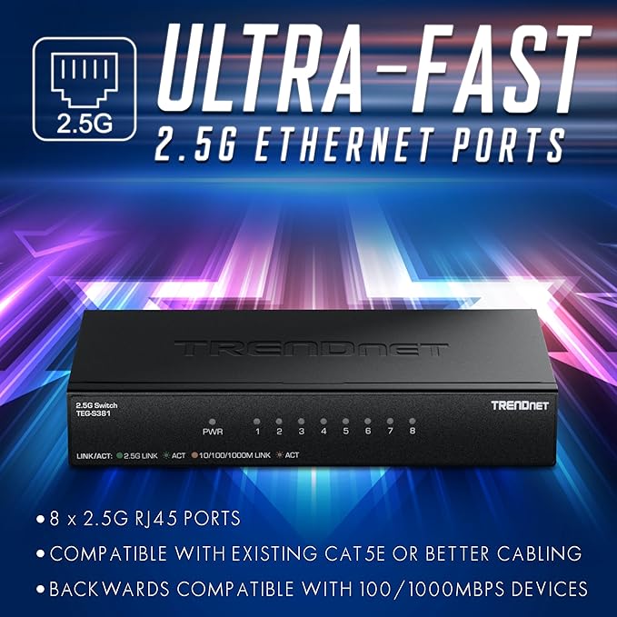 TRENDnet 8-Port 2.5Gb Switch, TEG-S381, 8 x 2.5G RJ45 Ports, 40Gbps Switching Capacity, NDAA + TAA Compliant, Ethernet Splitter, for Game Console, NAS, PC, Lifetime Protection