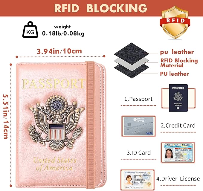 Passport Holder Cover Travel Wallet RFID Blocking Passport Wallets Family Organization Personalized Wallet Case for Men and Women Travel Must Haves(Rose gold)