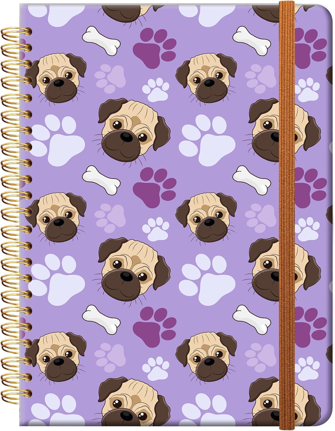 Ruled Spiral Writing Notebook,A5 Hardcover Lined College Journal for Women Lady,Fashion Puppy Watercolor Strong Twin-Wire Binding with Premium Paper,8.4" X 6",Perfect for School,Office,Home Gifts(Pug Bones Paws)