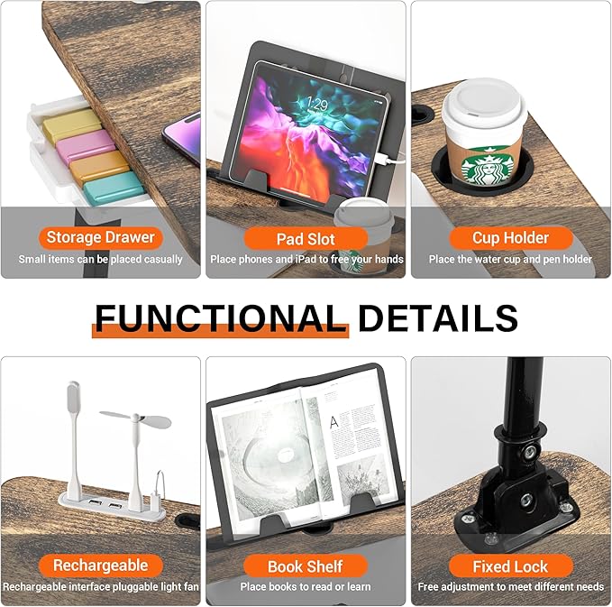 Laptop Desk for Bed Height Adjustable, Lap Bed Table with USB/Storage Drawer/Cup Holder/Tablet Stand/Book Shelf, Foldable Breakfast Tray Portable for Reading Writing, Sofa & Floor, Carbonized