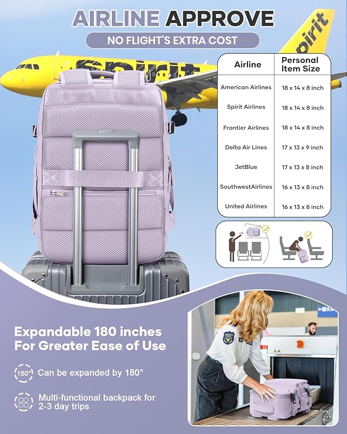 Vacuum Travel Backpack with Pump for Women, Personal Item Carry on Backpacks Flight Approved 18x14x8 inches for Men,Laptop Waterproof Work Compression bags Casual Daypack. (Purple)