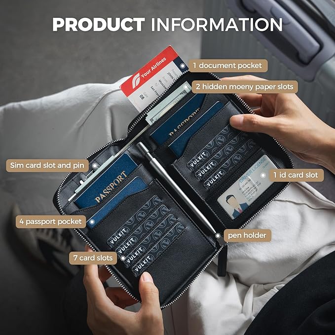 VULKIT Leather Passport Holder for 4-8 Passports Family Passport Wallet with Zipper Travel Documents Organizer for Men or Women(Black)