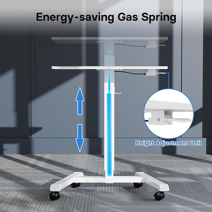 BONTEC Mobile Standing Desk Adjustable Height, Rolling Laptop Cart with Hook, Portable Workstation with Pneumatic Lift, Ergonomic Table with Wheels, Compact Home Office Desk, White 25.6" x 17.7"