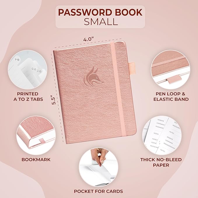 Clever Fox Password Book with alphabetical tabs. Internet Address Organizer Logbook. Small Pocket Password Keeper for Website Logins (Rose Gold)