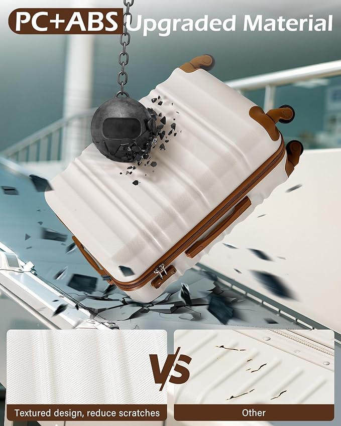 LONG VACATION 6 Piece Luggage Set Carry on Suitcase with ABS+PC hardshell, Spinner Wheels & YKK Zipper TSA Lock (WHITE-BROWN, 6 piece set)