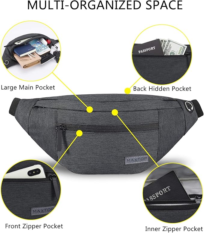 MAXTOP Large Crossbody Fanny Pack with 4-Zipper Pockets,Gifts for Enjoy Sports Festival Workout Traveling Running Casual Hands-Free Wallets Waist Pack Phone Bag Carrying All Phones