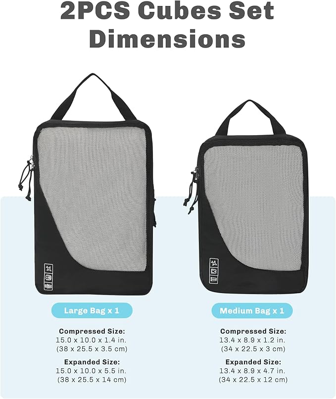 Hynes Eagle 6 Set/ 4 Set/ 2 Set Compression Packing Cubes Travel Essentials Lightweight Nylon Luggage Suitcase Organizer Bag Black 2PCS