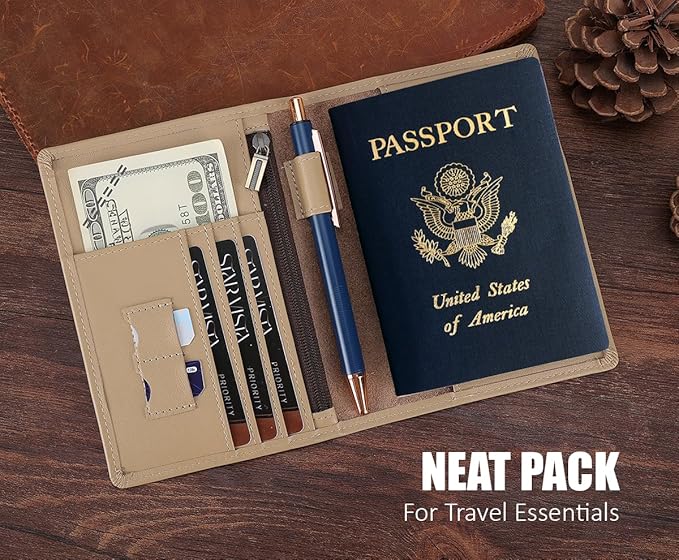 STAR VISTA Phoenix Leather Passport Holder, Calfskin Leather Travel Wallet, RFID Blocking, with ID Window, Zipper Pocket, Card Slots, AirTag Slot, Ivory