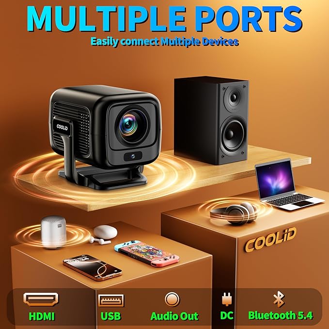 [Built-in App] Mini Projector 1080P FHD 4K Support Projector with Mouse Portable Projector with WiFi and Bluetooth 180° Adjustable Auto Keystone Portable Projector 4K