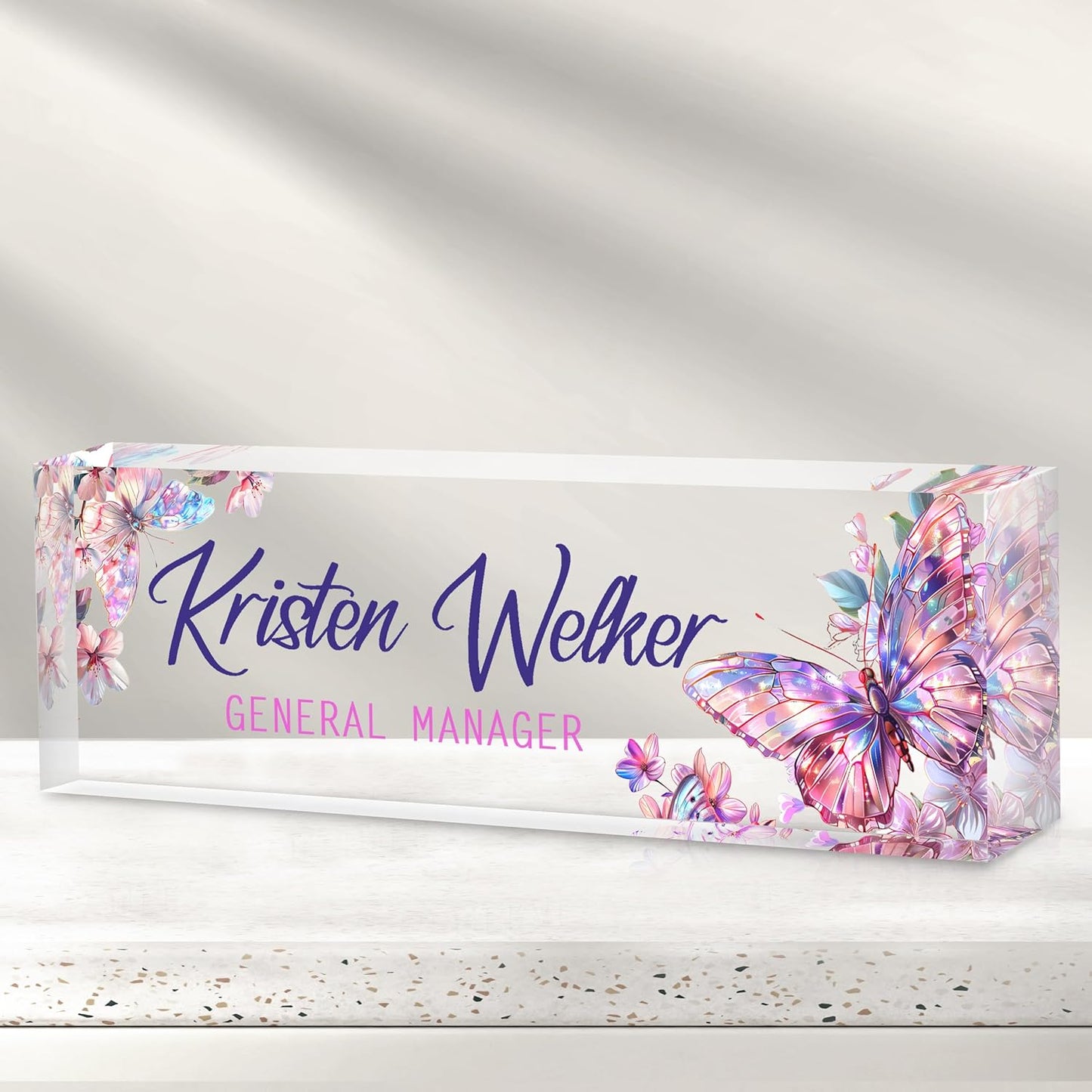 Personalized Name Plate for Desk - Custom Engraved Name Plates for Man - Boss Day Gifts for Boss - Acrylic Office Decor Appreciation Gifts for Teacher Nurse Coworker Social Worker (Butterfly)