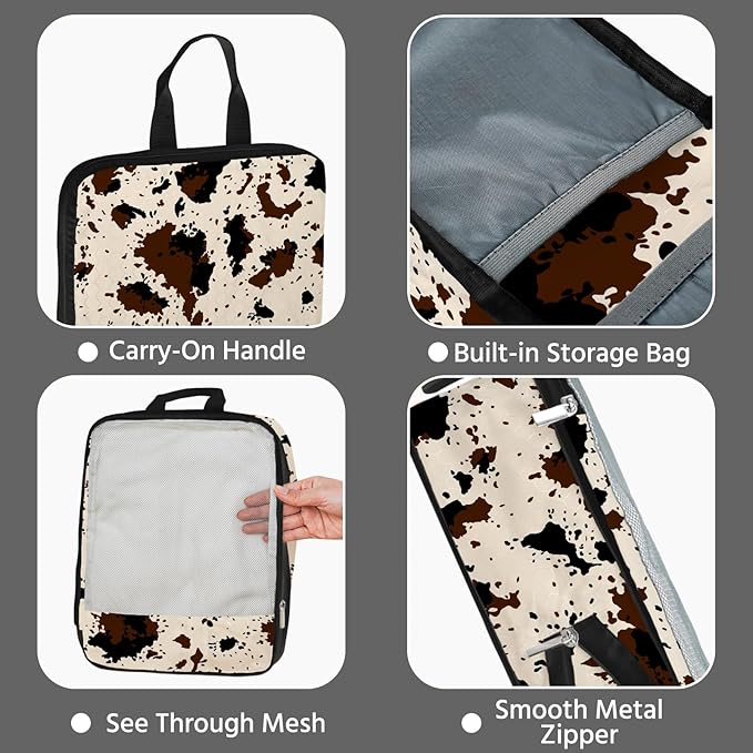 7 Pcs Compression Packing Cubes for Travel, Waterproof Suitcase Luggage Backpack Organizer with Toiletry Bag Travel Essentials for Women/Men-Cow Print