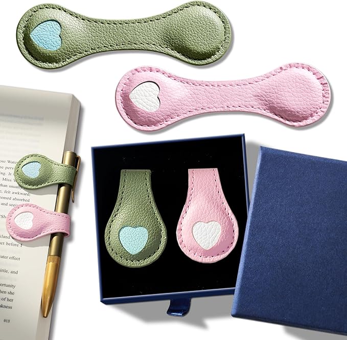 2Pcs Magnetic Leather Bookmarks with Gift Box, Magnetic Pen Holder Book Marks Clip Gift for Book Lover Readers Men Women Teachers Students, Heart (Pink+Green)
