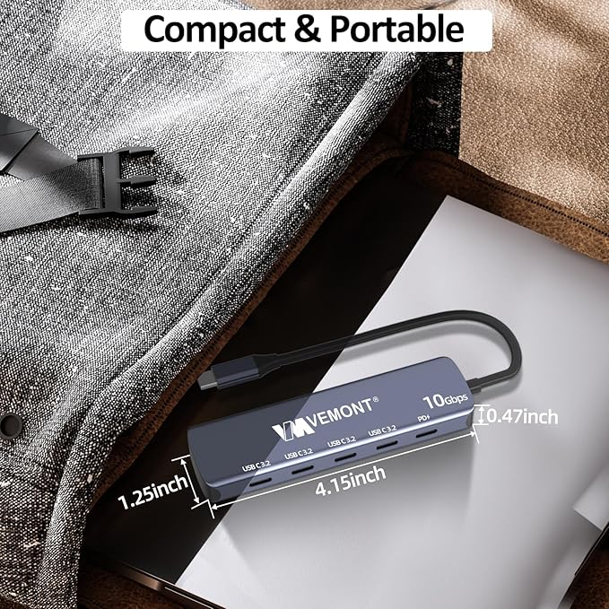 VEMONT 10Gbps USB-C Hub:4-Port 10Gbps Data Transfer and 100W PD Charging for laptops. USB 3.2 Gen 2 Standard. Compatible with MacBook, iPhone, iPad, Surface Pro, and Other USB-C Devices.