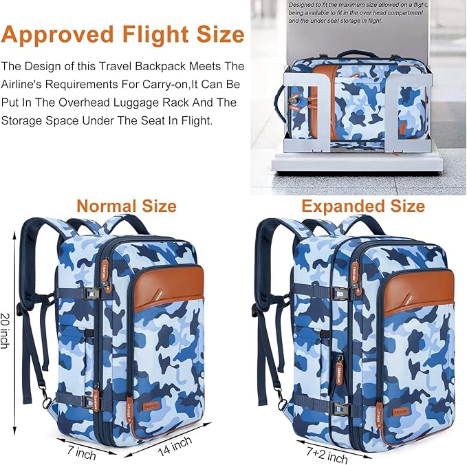Travel Backpack 42L Carry on Backpack Flight Approved Expandable Travel Backpack Carry on Backpack Luggage Daypack (Blue Camouflage)