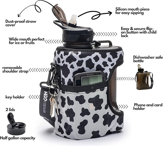 H2O Capsule Half Gallon Cube Square Water Bottle - 2.2L Water Bottle with Strap, Storage Sleeve, Covered Straw and Chug Lid – BPA Free Reusable Sports Water Jug with Handle, (68 Ounce), (Cow)