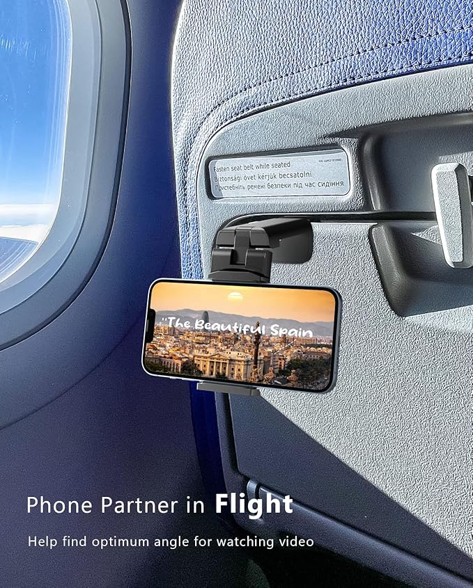 MiiKARE Travel Essentials Airplane Phone Holder, Universal Handsfree Phone Mount for Flying with 360 Degree Rotation, Travel Must Haves Phone Stand for Desk, Tray Table, Pro