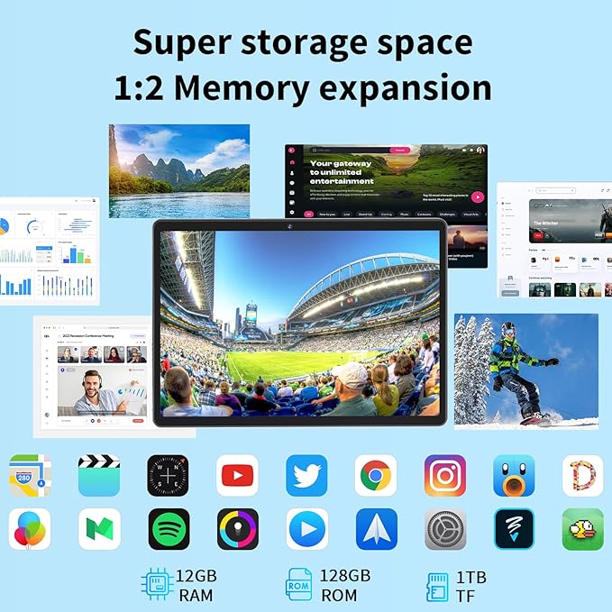 Android 14 Tablet with Keyboard, 12GB RAM (6+6), 128GB Storage, 1TB Expandable, 8000mAh Battery, 10 Inch 2-in-1 Tablets, Includes Case, Mouse & Stylus（Green）