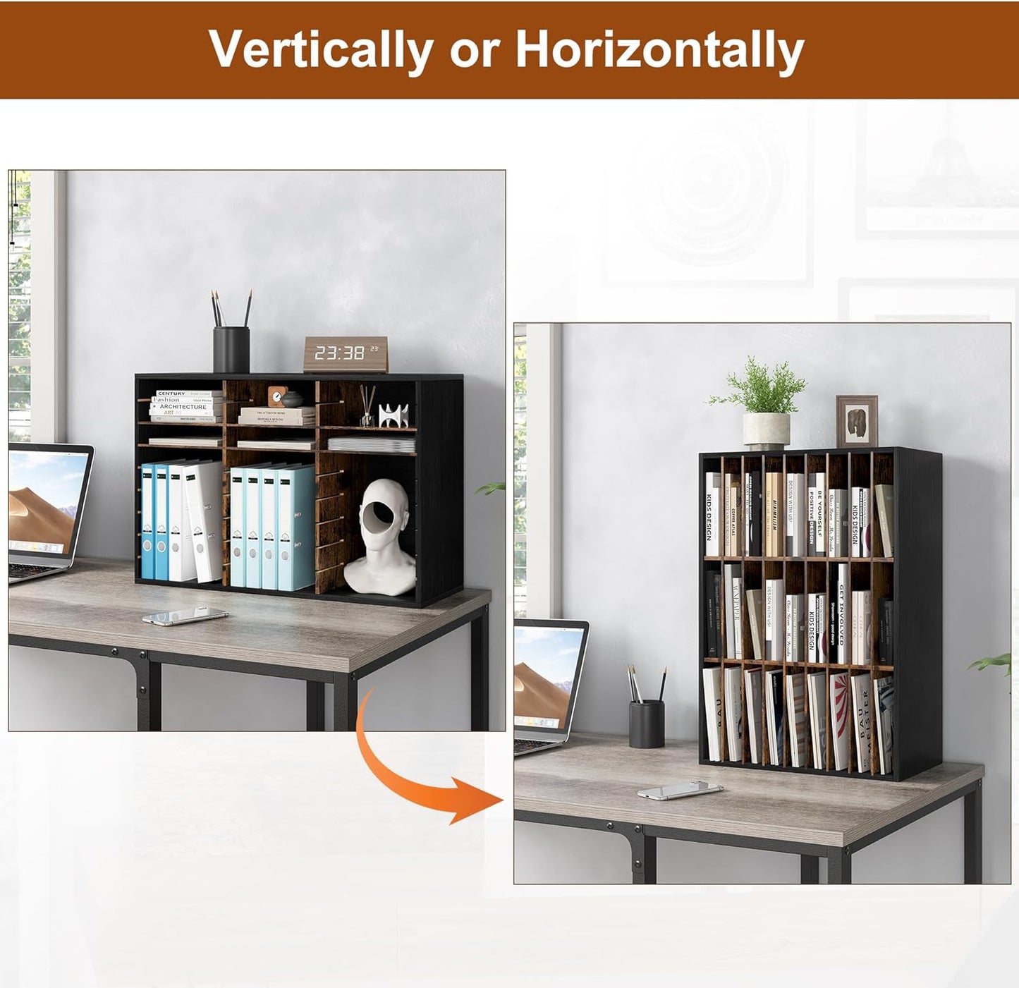 Mail Organizer Countertop, 27 Slots Wooden Desk File Literature Sorter, Adjustable Paper Storage Shelves Document Holder, Space Saving Desktop Mailbox for Office Classroom, Black/Rustic Brown