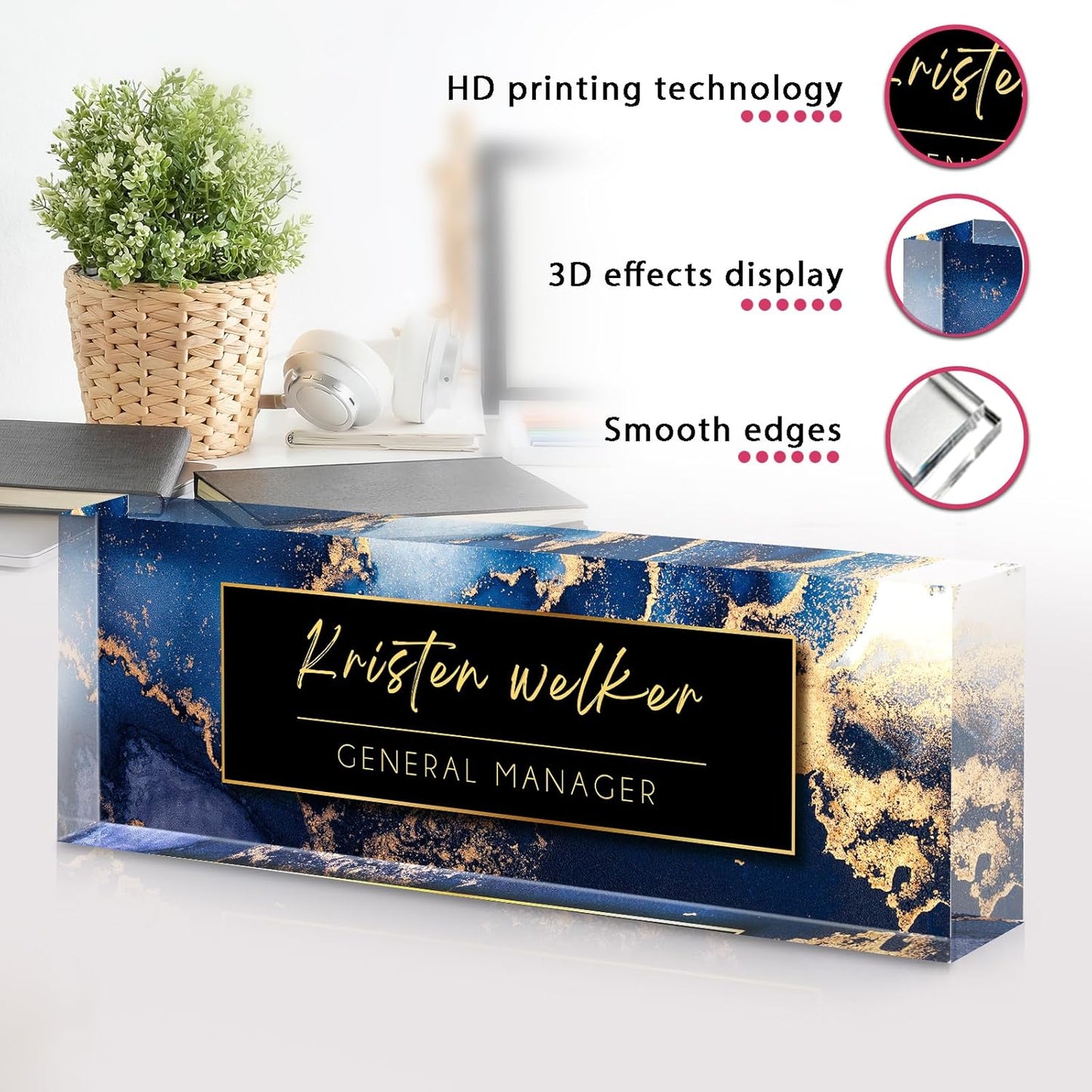 Personalized Name Plate for Desk - Custom Engraved Name Plates for Man - Boss Day Gifts for Boss - Acrylic Office Decor Appreciation Gifts for Teacher Nurse Coworker Social Worker (Ocean Blue)