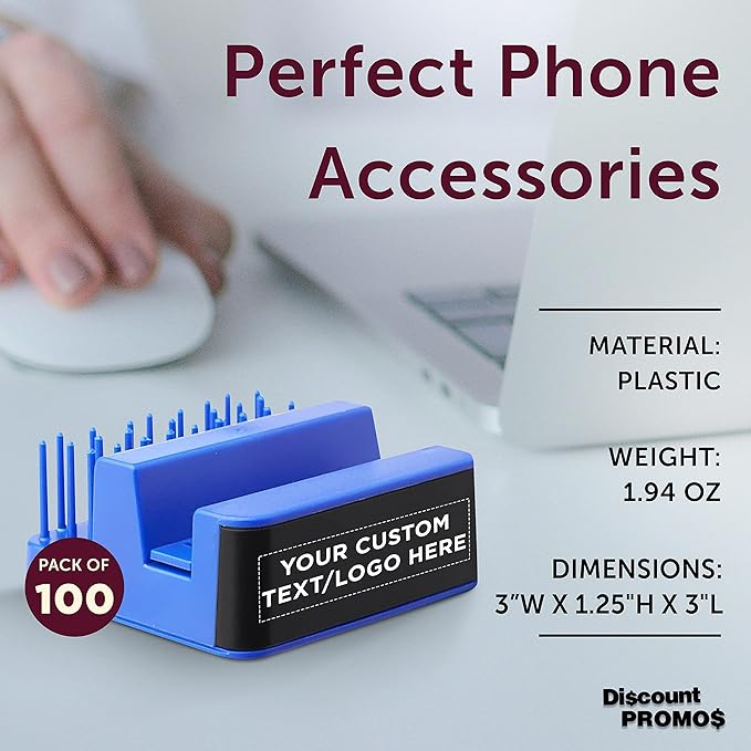 DISCOUNT PROMOS Custom Light Up Logo Phone Stands Set of 100, Personalized Bulk Pack - Essential Smartphone Accessory, Perfect for Office and Home - Blue