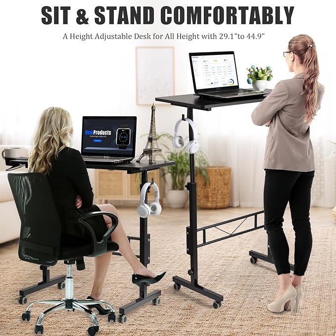 SIDUCAL Standing Desk Adjustable Height, Small Mobile Table with Wheels, Rolling Desk for Standing or Sitting, Portable Computer Desk for Walking Pad, Black