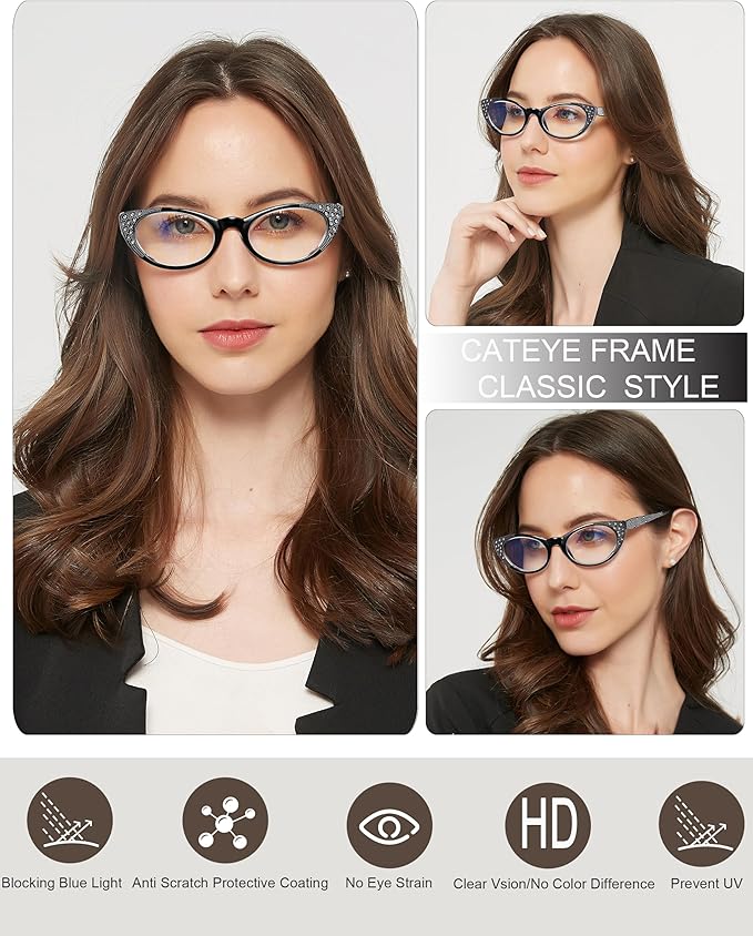 EYEURL 3-Pack Cat Eye Reading Glasses for Women Blue Light Glasses Fashion Computer Readers with Spring Hinge Anti-Glare Readers for Women 3.5