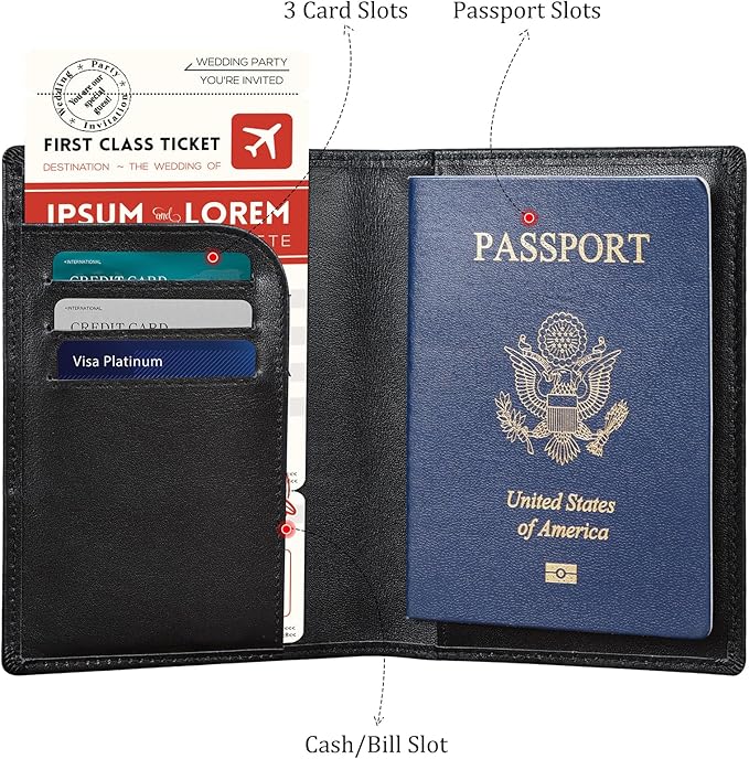 Polare Slim RFID Blocking Leather Passport Holder Travel Bifold Wallet For Men (Black with AirTag Holder)