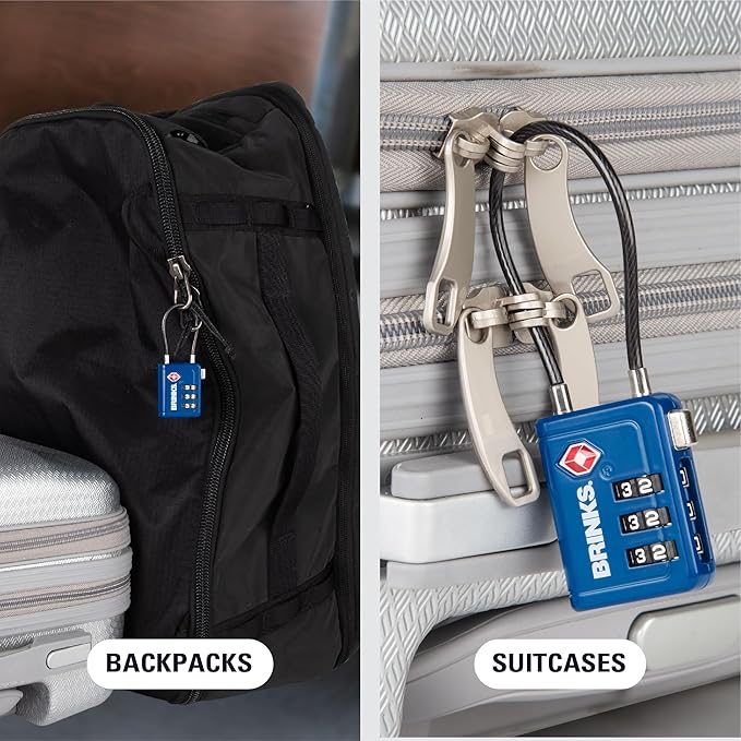 Brinks TSA Accepted Indicator Luggage Lock, Blue - Resettable 3-Dial Combination, 2.5 inch Long Cable Shackle, New More Secure TSA008 Key, 2 Pack