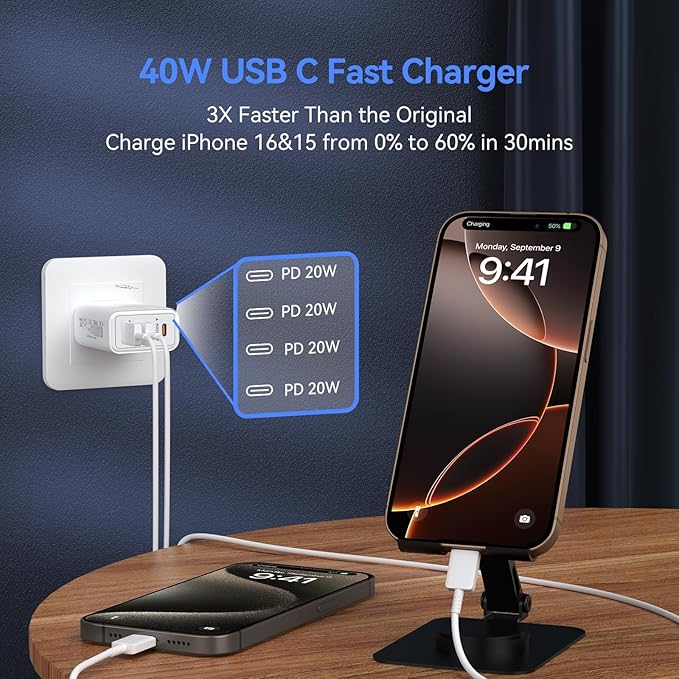 USB C Wall Fast Chargers Block, 40W 4-Port Type C Chargers Fast Charging Blocks PD Power Charger Adapter+QC 3.0 USB C Multiport Charger Brick for Phone 17/16/15/14/13/12 Pro Max, Pad, Galaxy S25/24