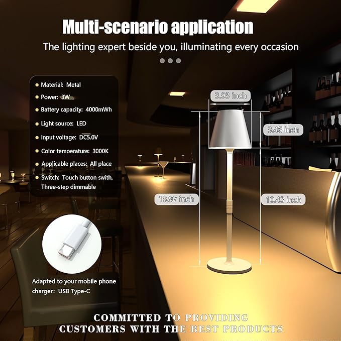 LED CordlessTable Lamp,4000mAh Rechargeable Battery Desk lamp,3 Level Brightness Beside Night Light, Minimalist Design, for Couple Dinner/Coffee Table/Restaurant/Bedroom(White 4PACK)