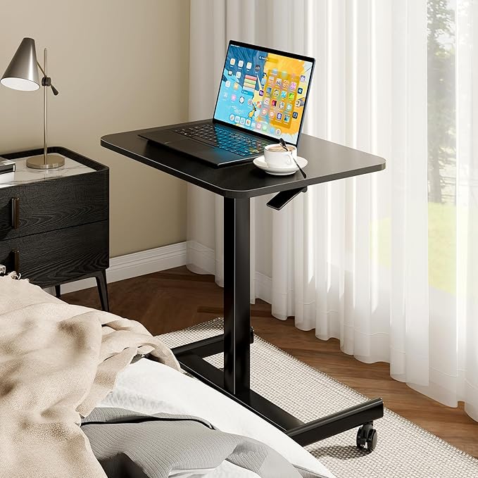 BONTEC Mobile Standing Desk Adjustable Height, Rolling Laptop Cart with Hook, Portable Workstation with Pneumatic Lift, Ergonomic Table with Wheels, Compact Home Office Desk, Black, 25.6" x 18.9"