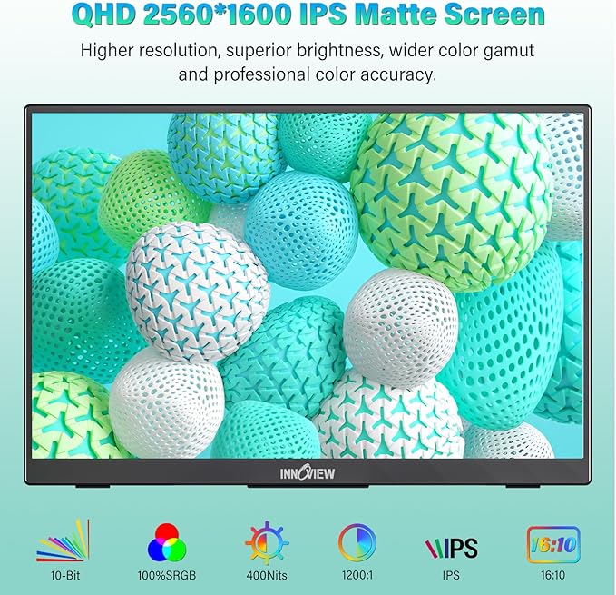 InnoView 16" 2.5K 120Hz Portable Monitor Built-in Speakers and Kickstand & VESA 100% sRGB QHD 400 Nits | 2 Type-C & HDMI | Eye Care | Travel Monitor for Laptop/Switch/PS5/Xbox (Adapter Excluded)