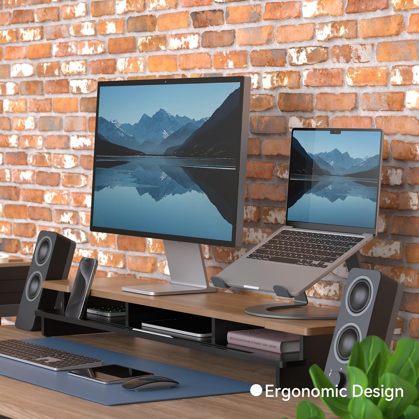 Monitor Stand Dual Monitor Stand Riser for Desk,Wood Desk Shelf Storage Organizer with Phone Tablet Holder (42.5 Inch, Black & Dark Bamboo)