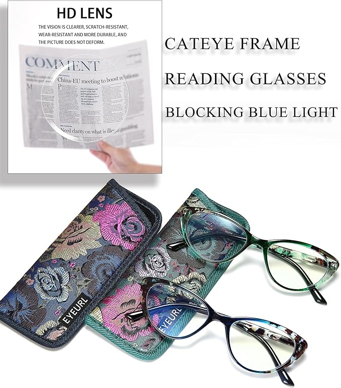 EYEURL Cat Eye Reading Glasses for Women, 2 Pack Blue Light Blocking Readers for Ladies Spring Hinge Fashion Pattern +0.5 Magnification Anti Eyestrain UV Protection