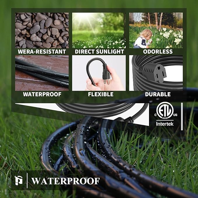 150 FT Outdoor Extension Cord Waterproof, 16/3 Black Heavy Duty 3 Prong Extension Cord, 10A 1250W SJTW, ETL Listed, Great for Garden and Home