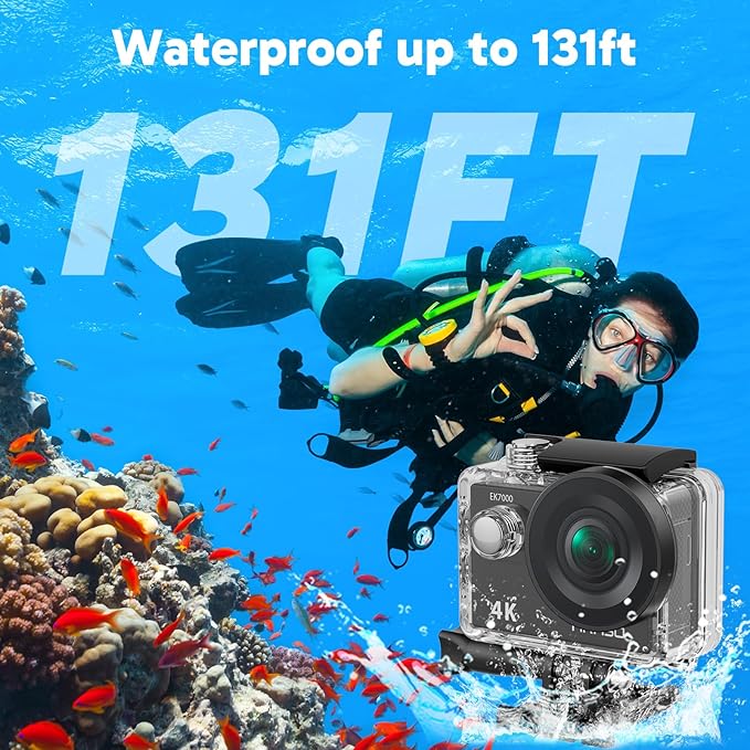 AKASO EK7000 4K30fps 20MP Action Camera EIS Ultra HD 131FT Waterproof Underwater Camera with Waterproof Floating Hand Grip Bundle and Carrying Case Helmet Accessories Kit Bundle