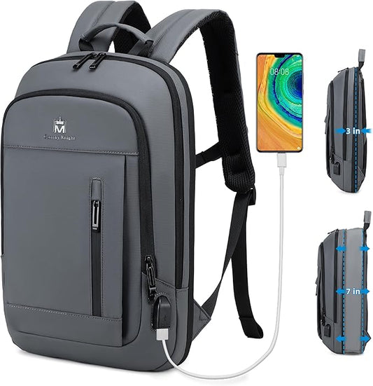 Caoroky knight Backpack Laptop Men 15.6 inch Slim Work Business Backpacks with USB Charging Port Mens Travel Bag Bookbag (Grey, Large)