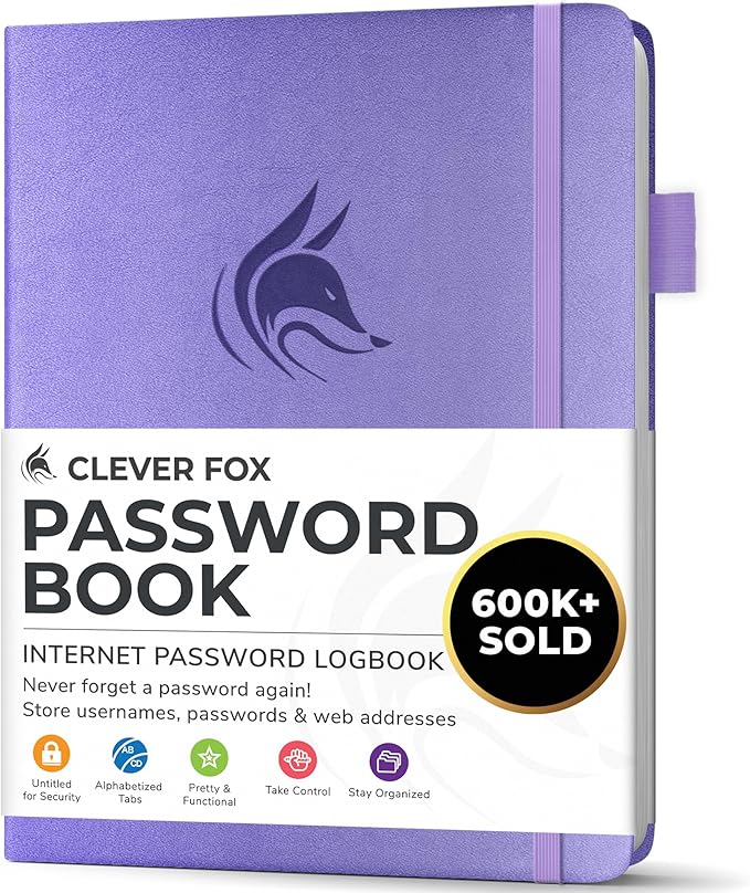 Clever Fox Password Book with alphabetical tabs. Internet Address Organizer Logbook. Small Pocket Password Keeper for Website Logins (Lavender)