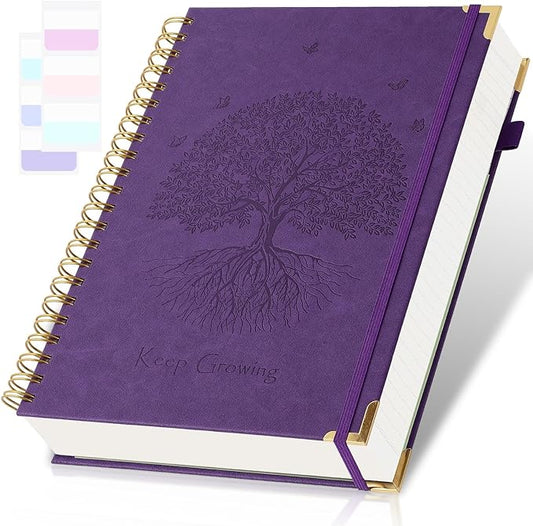 Spiral Notebook, College Ruled Notebook, 8.5" x 11", 300 Pages Leather Journals for Writing, A4 Hardcover Journaling Notebooks for Work School, 24pcs Tabs, Large Embossed Journal for Women Men, Purple