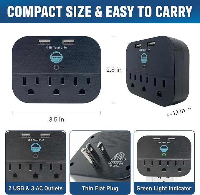 Cruise Approved Power Strip - Non Surge Protector Travel Power Strip with 2 USB Outlets - Cruise Ship Essentials 2025 & 2026 for Carnival, Princess, Norwegian, Holland America, MSC & Major Lines