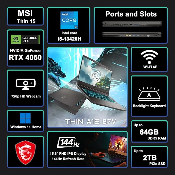 msi Thin 15 Gaming Laptop 15.6" FHD IPS 144Hz Intel Octa-core i5-13420H (Beats i7-12650H) 32GB RAM 1TB SSD GeForce RTX 4050 Backlit USB-C Wi-Fi6E Win11 ICP Hub