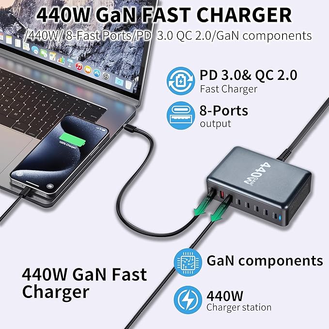 440W Charging Station for Multiple Devices,USB C 8-Port Multi GaN Adapter Block, Charging Station Hub, Fast Charging USB C Charger Block for MacBook Pro/Air/iPad, Samsung, iPhone, Home Office Use