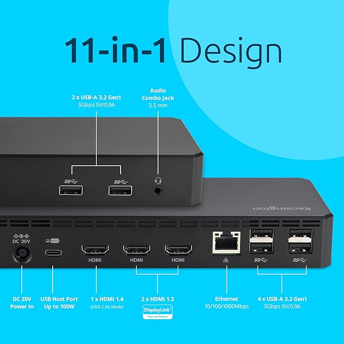 Kensington SD4760P 11-in-1 USB-C Docking Station Triple Monitor DisplayLink Docking Station, 3xHDMI, 100W Charging for Laptop, 6xUSB A, Ethernet, Audio, for Mac and Windows Driver Require K33622NA