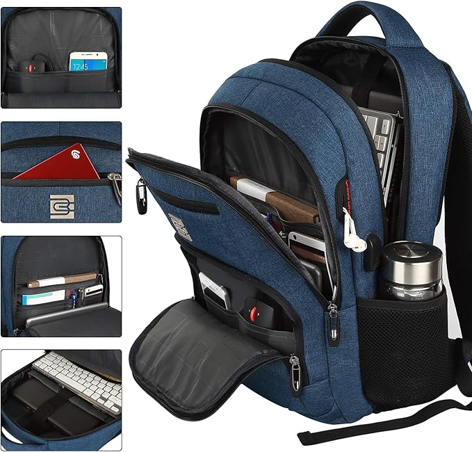 17 Inch Laptop Backpack, Business Anti Theft Slim Durable Laptops Backpack with USB Charging Port, Water Resistant College Computer Bag Gifts for Men & Women Fits 15.6 Inch Notebook-Blue