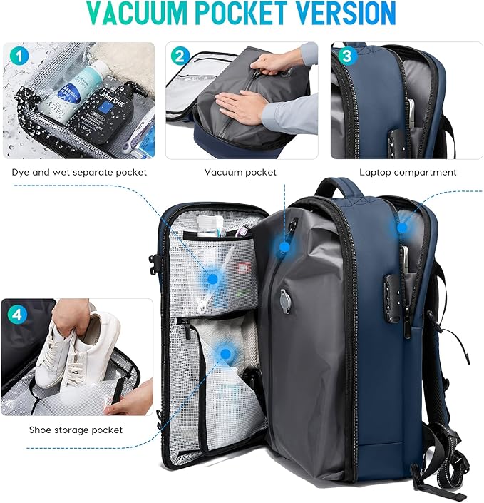 BANGE Travel Backpack with Vacuum Pocket and TSA lock version can hold 15.6 inch Laptop suitable Overnight Flight Approved Anti-theft Bag