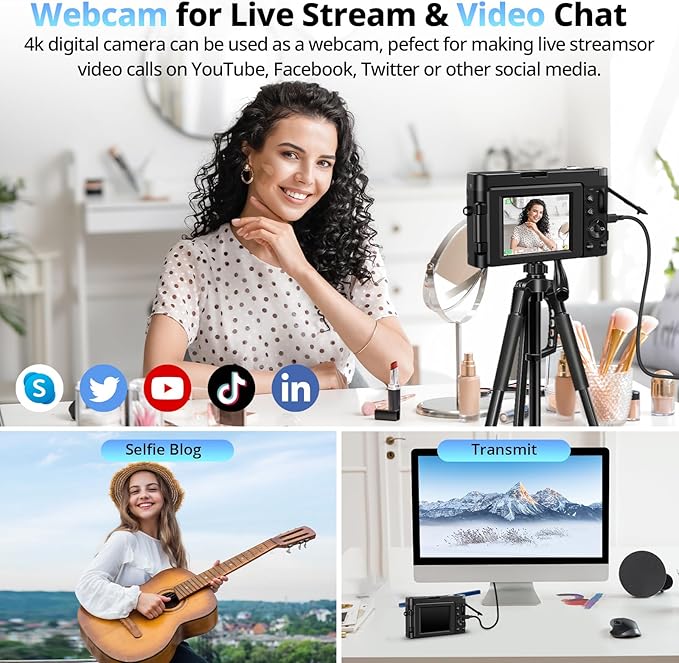 4K Digital Camera for Photography and Video, Autofocus 48MP Vlogging Camera for YouTube with 3'' 180°Flip Screen 16X Zoom Compact Travel Cameras with SD Card, 2 Batteries, Anti-Shake, Flash (Black)