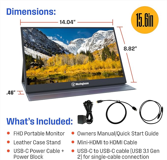 Westinghouse 15.6 Inch Portable Monitor for Laptop & Travel, 1080p, 60Hz, IPS Display, Full HD Screen with Magnetic Protective Cover, Built in Speakers, 1x Mini HDMI, 1x USB Type-C