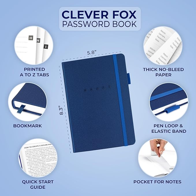 Clever Fox Password Book – Alphabetized Internet Address & Password Organizer – Computer & Website Password Keeper Notebook – Log-In Password Journal - Medium, A5, 8.3x5.8″, Hardcover (Mystic Blue)